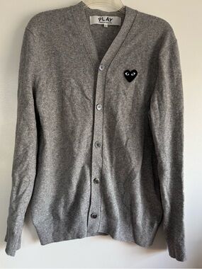 Comme des Garçons PLAY Gray V-Neck Button Cardigan with Black Heart Patch